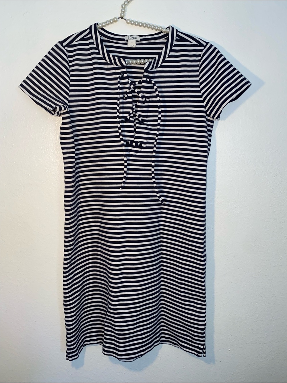J. Crew Dress Womens Small Navy White Striped Lace Up Knit Casual Coastal Style